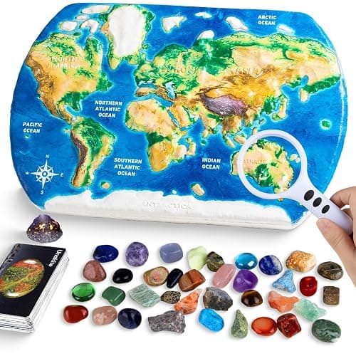 Gemstones Dig Kit for Kids – Excavate 37 Rocks & Crystals, STEM Science Kit with Info Cards & Display Stand – World Map Gem Digging Kit, Rock Collection Gift Educational Geology Gift for Boys & Girls - Image 1