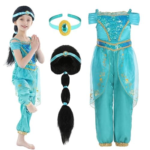 Wizland Girls Arabian Princess Costume with Wig,Sequined Blue-Green Princess Dress for Girls,Kids Fancy Dress Outfit for 2-8 Years - Image 1