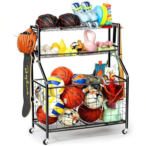 Garage Sports Equipment Organizer, Sports Equipment Storage for Garage with Baskets and Hooks, Rolling Basketball Racks for Balls with Wheels, Outdoor Toy Storage (Original Black) - Image 1