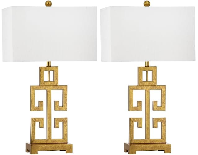 SAFAVIEH Lighting Collection β Greek Key Table Lamp Set of 2 β Antique Gold Metal Base with White Fabric Shade, LED Bulbs Included, 29-Inch Bedroom Living Room Desk Lamps (LIT4305A-SET2) - Image 1