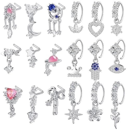 Junkin 18 Pcs 20g Nose Rings Dangle for Women Nose Piercings L Shaped Stud Hoop Cute Star Heart Round Jewelry Dangle Studs Rings for Mother Wife Friend Gifts(Silver) - Image 1