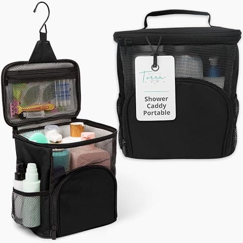 TERRA HOME Original Portable Shower Caddy For College Dorms - Foldable Mesh Tote - Dorm Room Essentials - Durable Hanging Travel Shower Bag - Perfect for College Students, Men, Women (Black) - Image 1