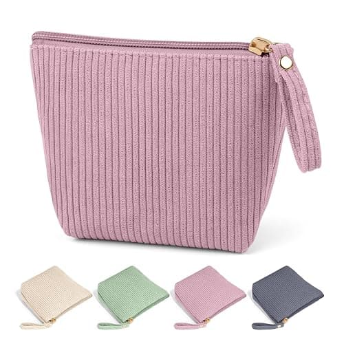 MAGEFY Mini Makeup Bag, Cute Small Makeup Bag for Purse Corduroy Cosmetic Bag for Women with Slip-in Pockets Travel Purse Essentials Lipstick Bag(Pink,Mini) - Image 1