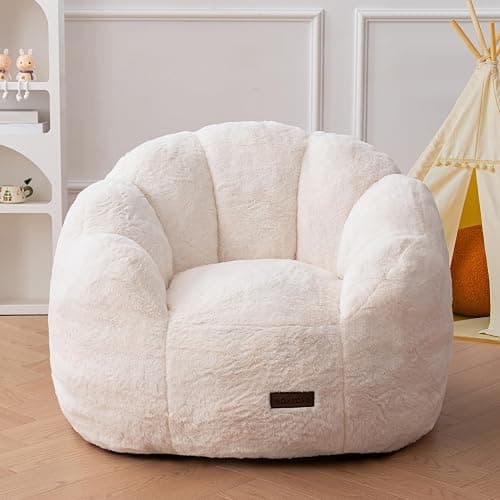 MAXYOYO Kids Bean Bag Chair, Floral Shaped Bean Bag Sofa, Plush Faux Fur Toddler Couch with Petal Backrest for Boys Girls, Stuffed Cozy Sofa for Nursery, Bedroom, Beige - Image 1