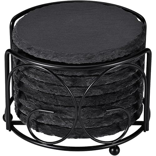 Slate Drink Coasters with Metal Holder, GOH DODD Set of 8 Black Coasters, 4 Inch Stone Coaster Set Coffee Table Decor Tabletop Protection for Home Kitchen Housewarming Gifts Wedding Party, Round - Image 1
