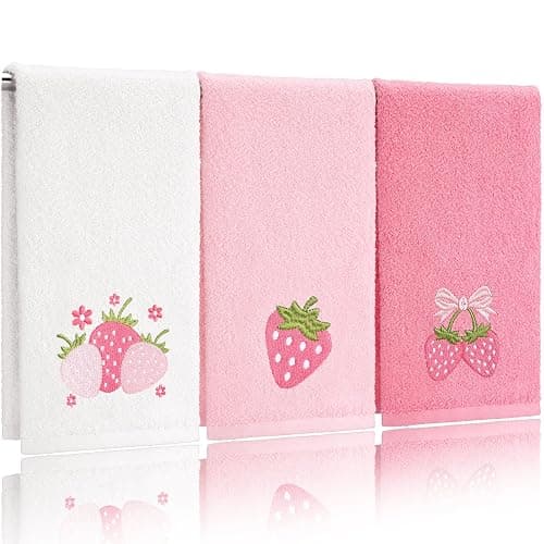 Tingjoo 3 Pcs Strawberry Hand Towels 14x29 Inch Spring Summer Bathroom Decor Farmhouse Pink Strawberry Cotton Embroidered Soft Absorbent Bathroom Decor Towels for Kitchen - Image 1