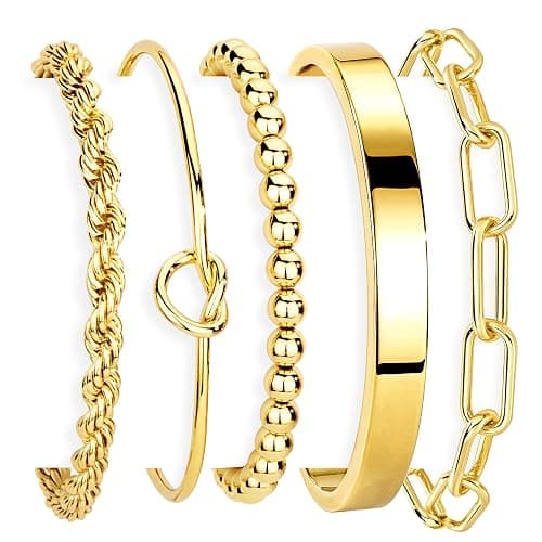 Gokeey Gold Bracelets for Women Non Tarnish, 14K Gold Plated Chunky Cuff Bracelet Gold Bangles Bracelet for Women Trendy Tie Knot Cuban Rope Paperclip Beaded Bracelet Stack Jewelry Gifts - Image 1