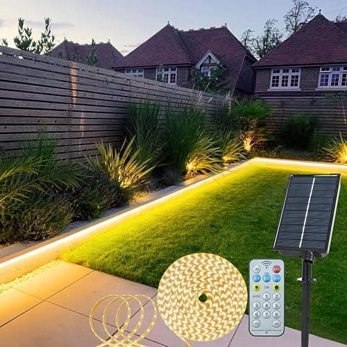 echosari Solar LED Strip Lights Outdoor, 5M 320 LED Lights Strip with Remote 8 Modes Solar Garden Lights Outdoor Waterproof Rope Light for Fence Porch Gazebo Trees Backyard Decor(Warm White) - Image 1