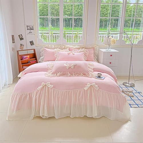 SOUKECHY Girls Lace Bedding,Queen Comforter Cover Set, Chic Ruffled Duvet Cover with Lovely Bow,Princess Style 1 Duvet Cover with 2 Pillowcases, No Comforter-Pink,Queen Size - Image 1