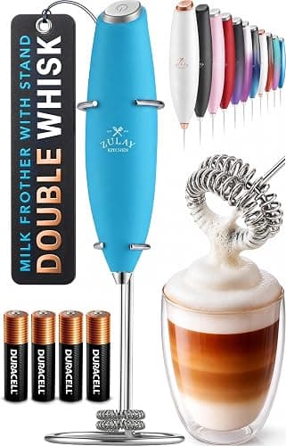 Zulay Kitchen Powerful Milk Frother Wand With Duracell Batteries - Ultra Fast Handheld Drink Mixer - Electric Whisk Foam Maker for Coffee, Lattes, Cappuccino & Matcha - Double Whisk - Teal - Image 1