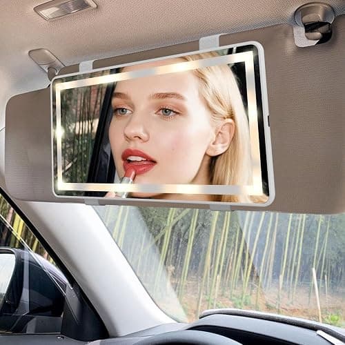 Feisate Car Vanity Mirror with Rechargeable Led Lights- 3 Light Modes & Dimmable Touch Screen- Sun Visor Vanity Mirror for Truck- Girly Passenger Side Car Accessories for Women & Girl Interior- White - Image 1