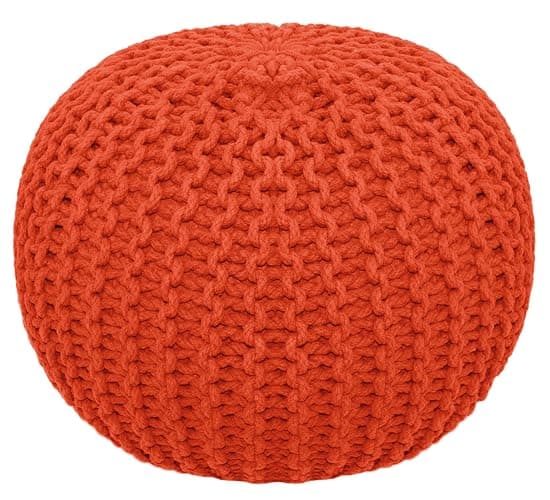 COTTON CRAFT Round Pouf - Hand Knitted Cotton Braid Cord Cable Dori Ottoman - Foot Stool Floor Pouf Footrest Accent Seat Furniture Bean Bag - Living Room Kids Room Nursery Dorm Décor - 20x14 - Orange - 20"D x 20"W x 14"H - Orange - Round - Image 1