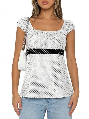 Women's Babydoll Tops Y2k Fairy Baby Doll Tops, Cap Sleeve Polka Dot Top with Adjustable Waist Tie, Flowy Going Out Tops - Image 1