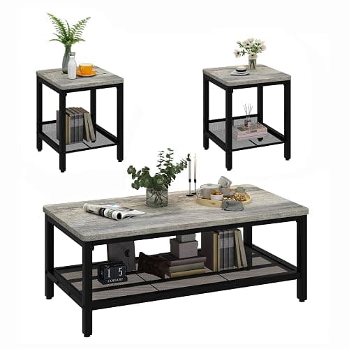 AWQM Coffee Table Set of 3, Industrial Coffee Table with 2 Square End Side Tables, Modern Living Room Table Set with Metal Frame for Apartment Home Office, Grey - Image 1