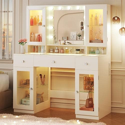 HUAHUU Vanity Desk with Mirror and RGB Lights, 43" Large Makeup Vanity with Glass Top, 4 Large Glass Cabinets, Power Outlet & 3 Drawers, 3 Colors Lighting Adjustable Brightness for Bedroom, White - Image 1