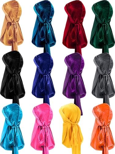 12 Pieces Velvet Durags Caps Wide Strap Headwraps Long Tail Turban Beanies for 360 Wave Men Women (Multicoloured) - Image 1