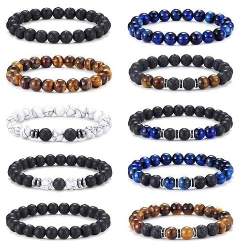 Jewdreamer 10PCS Tiger Eye Bracelet For Men 8MM Natural Stone Beads Bracelet Set Stretch Lava Rock Bracelets Adjustable Black Crystal Beaded Bracelet for Men Women Gifts - Image 1