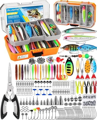 PLUSINNO Fishing Tackle Box with Tackle Included, 373PCS Fishing Lures Kit with Removable Tray, Fishing Gear with Pliers, Weights, Hooks, Accessories, Fishing Tackle Lure Kit Gifts for Men Bass Trout - Image 1