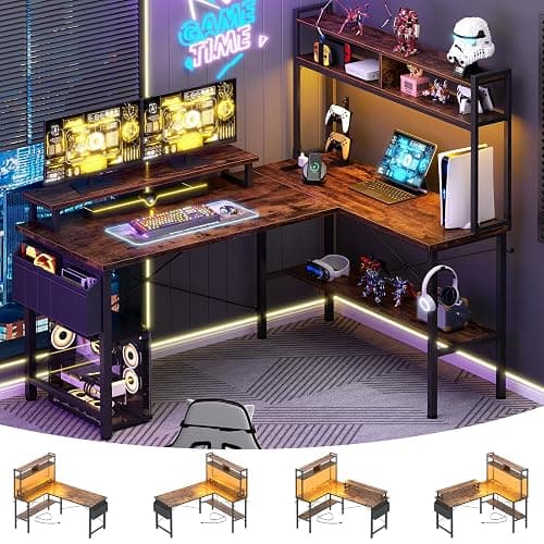 Aheaplus L Shaped Gaming Desk with Power Outlets & LED Lights, Small L-Shaped Desk Computer Corner Desk with Monitor Stand & Storage Shelf, Home Office Desk Writing Desk with Storage Bag, Rustic Brown - Image 1