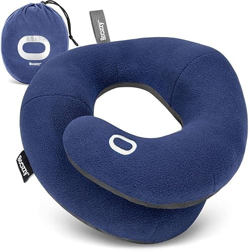BCOZZY Travel Neck Pillow for Airplane – Patented Double Support for Head, Neck, and Chin. Best for Long Flights, Plane Sleeping, and Car Rides. Adjustable Size. Fully Washable. Carry Bag. Large, Navy - Large - Navy - Image 1