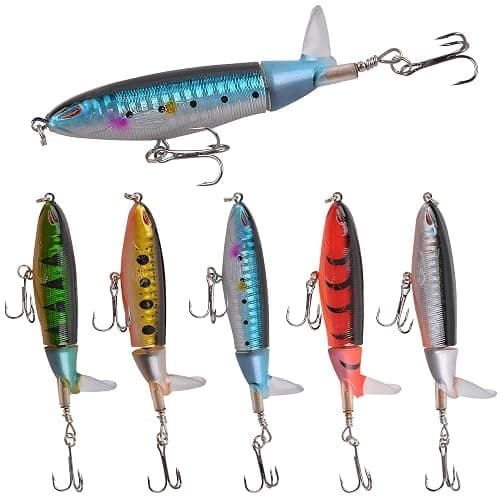 Whopper Fishing Lure for Bass, 5pcs Popper Lures Plopper Floating Pencil Bait with Rotating Tail Treble Hooks for Pike Catfish Bass Saltwater Freshwater - Image 1