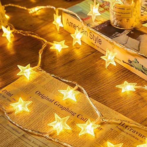 Minetom Star String Lights Battery Operated - 17 ft 50 LED Star Fairy String Lights with Timer, Waterproof for Indoor Bedroom Tent Loft Bed Patio Party Wedding Decor, Warm White - Image 1