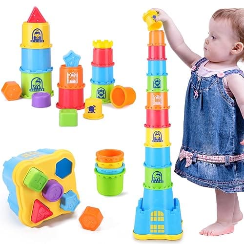 iPlay, iLearn Baby Stacking Toys, Toddler Nesting Stack Cups, Infant Stackable Block, Kids Sorting Game W/Shape Sorter for Sand Bath, Birthday Gift for 12 18 24 Month 1 2 3 Year Old Boys Girls - Image 1