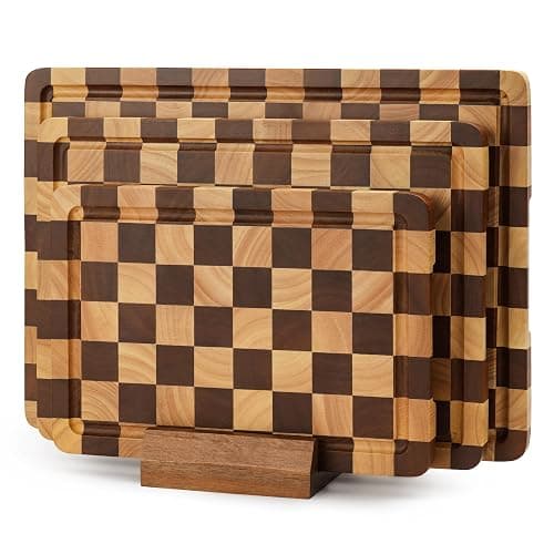 WILLKOMMEN Checkered Cutting Board Set, 3-Piece Wood Checkerboard End Grain Chopping Boards with Holder & Juice Groove Wooden Kitchen Cutting Board for Cooking and Serving (S, M, L) - Image 1
