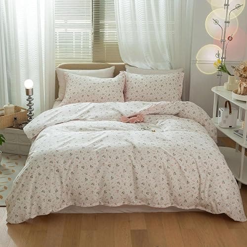 mixinni Girl Floral Full Size Comforter Pink White Flower Leaf Print Bedding Sets, Cute Floral Bedding Comforter Sets for All Seasons-(1 Comforter+2 Pillow Shams)-Full Size - Full (80"x90") - H#003 - Image 1