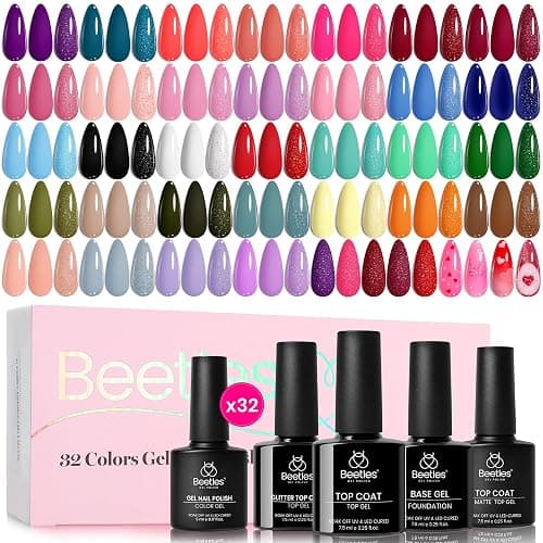 beetles Summer Gel Polish Set - Fingertip Palette, 32 Colors Polish Set with Base Top Coat Pink Red Blue Purple Brown Yellow Green Black White Uv LED Lamp Nails Gifts for Women - Image 1