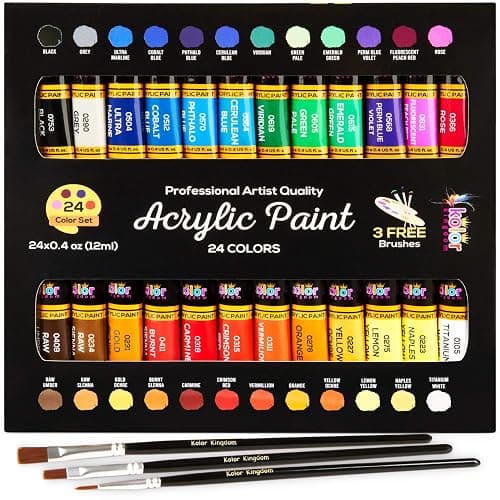 KOLOR KINGDOM Acrylic Paint Set 24 Colours Canvas Paints Kit with 3 Paint Brushes for Crafts,Kids Paints, Paper, Rock Painting, Wood,Ceramic & Fabric Vibrant Colors (24 X 12ML) - Image 1
