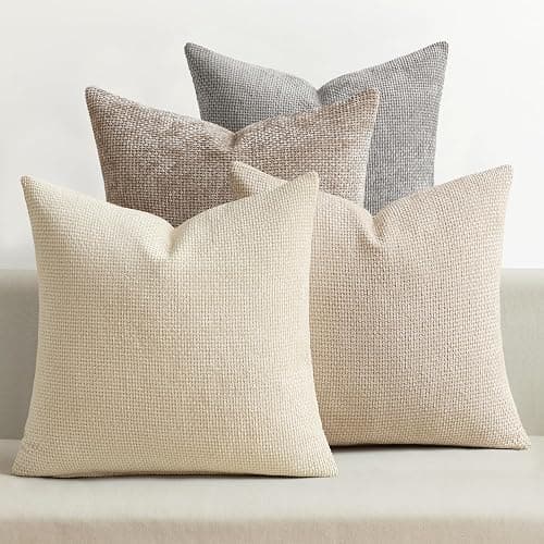 MIULEE Pack of 4 Christmas Couch Throw Pillow Covers 18x18 Inch Neutral Beige/Brown Soft Decorative Chenille Pillow Covers Farmhouse Accent Cushion Covers for Boho Home Decor Sofa Bedroom Living Room - Image 1