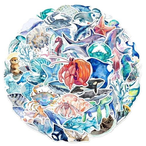 50pcs Ocean Animal Stickers for Water Bottles, Waterproof Adhesive Fish Decals Under The Sea Marine Life Stickers Ocean Stickers for Kids for Birthday Party Scrapbook Skateboard Phone Laptop - Image 1