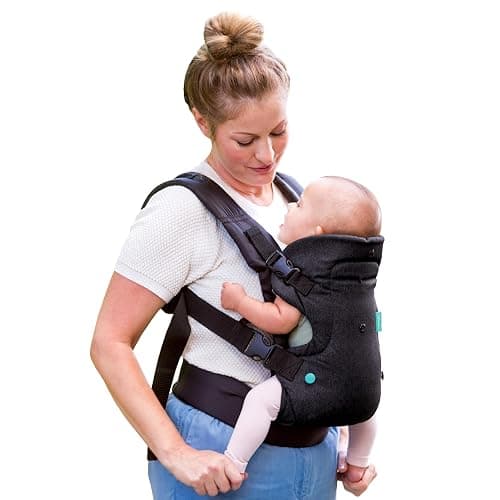 Infantino - Flip 4-in-1 Advanced Carrier with Washable bib Included - Ergonomic - Convertible - Face-in and Face-Out - Front and Back Carry - Newborns and Older Babies - 8-32 lbs - Black Denim - Image 1