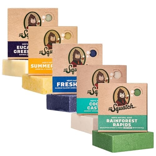 Dr. Squatch Natural Bar Soap for Men Variety Gift Set - Cold Process Soap No Harsh Chemicals - Rainforest Rapids, Coconut Castaway, Fresh Falls, Summer Citrus & Eucalyptus Greek Yogurt (5 oz, 5-Pack) - Image 1