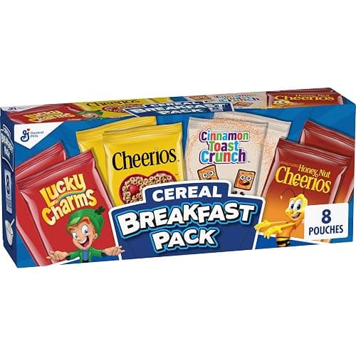 General Mills Cereal Variety Pack, Lucky Charms, Cinnamon Toast Crunch, Cheerios, and Honey Nut Cheerios, 8 Single Serve Pouches, 9.14 oz - Image 1