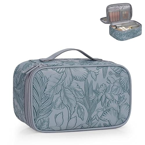 Relavel Cute Makeup Bag for Girls, Portable PU Leather Cosmetic Bag, Dual-layer Makeup Pouch with Brush Holder, Multi-Functional Preppy Toiletry Organizer for Travel, Daily Use - Flora Butterfly - Image 1