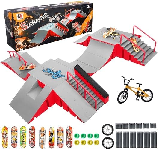 RNGODO Finger Skateboard Park Kits,14-in-1 Bigger Finger Skateboard Ramp Set with 14 Ramps,8 Fingerboards,1 Finger Bike, Skate Park Kit,Fingerboard Skatepark Half Pipe Toys Gifts for Ages 3+ - Image 1