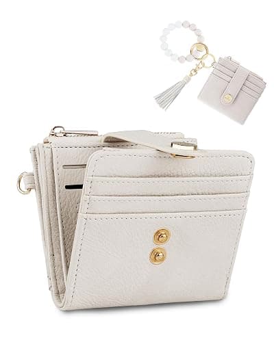 Sunpour Small Wristlet Wallets for Women Keychain Wristlet Wallet RFID Blocking Key Chain Wallet With Zipper Coin Pocket,2 Id Window (Beige) - Image 1