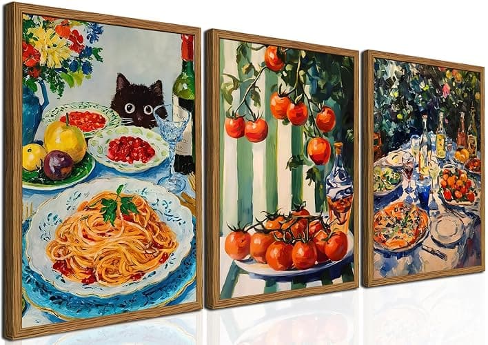 Framed Vintage Italian Kitchen Canvas Wall Art Set of 3, Funny Black Cat with Pasta Food Pictures Wall Decor, Rustic Tomato Paintings Prints Farmhouse Home Decor for Dining Room Restaurant 12X16in - Image 1