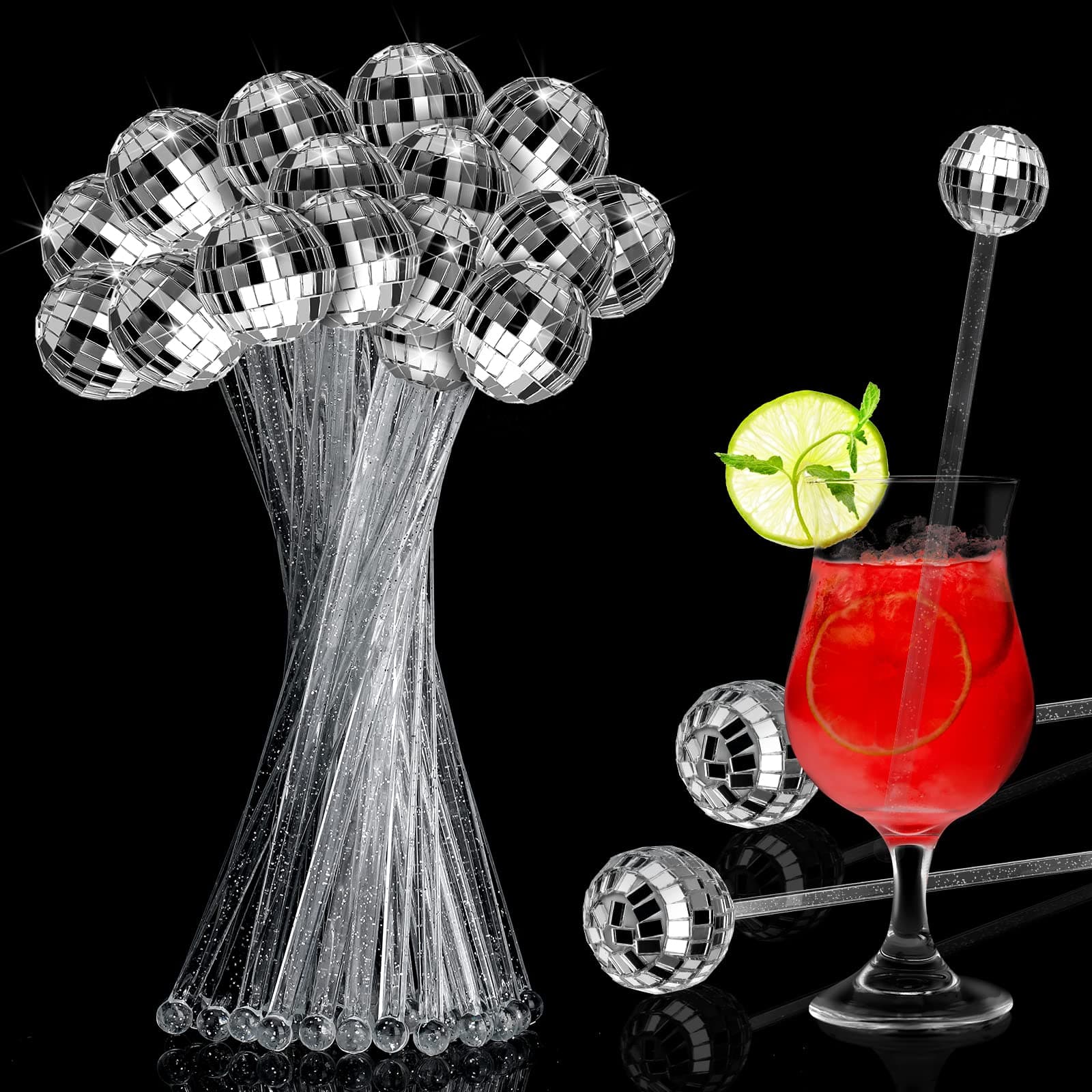 Sawysine 24 Pcs Disco Balls Cocktail Stirrers Plastic Round Top Swizzle Sticks Cake Pops Mirror Ball Coffee Beverage Stirrers for Home Bar Coffee Shop Use (Silver) - Silver - Image 1