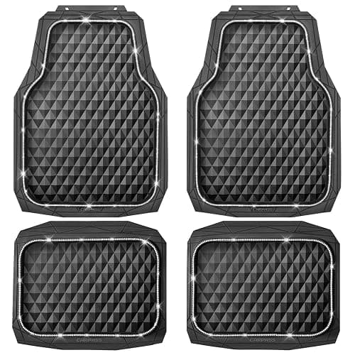 CAR PASS Bling Diamond Rubber Car Mats, Heavy Duty Deep Dish All-Weather Floor Mat Full Set Anti-Slip 3D Rhombus Waterproof Trim Fit Liner Universal Glitter Sparkly Shining Rhinestone, White Diamond - Image 1