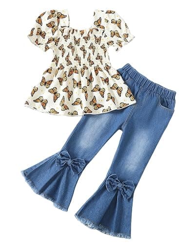 Kucnuzki Toddler Kids Girls Clothes Short Sleeve Shirt Top Flare Denim Jeans 2 Piece Outfits For Girls Cute Clothing Set - Image 1