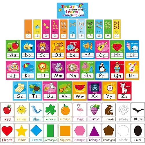 58 Pieces Educational Preschool Cards Kids Early Learning Poster Alphabet Number Colors and Shapes Bulletin Board Decoration Kindergarten Classroom Learning Card with Glue Point Dot (Rich Style) - Image 1