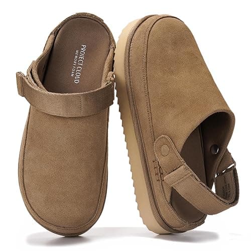 Project Cloud 100% Genuine Leather Clogs for Women - Memory Foam Womens Clogs & Mules with Adjustable Straps - Lightweight Platform Shoes Non-Slip Slides (Goldstar, KHAKSUEDE,8) - Image 1