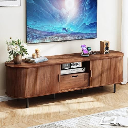 ONBRILL 69" TV Stand with Power Outlet for TVs up to 80", Entertainment Center with Storage and Drawer, TV Console with Adjustable Shelves and Sliding Door, TV Stand for Living Room, Bedroom, Walnut - Image 1