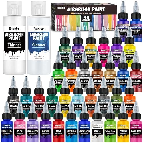 Roizefar Airbrush Paint, 36 Colors with 4.05 Fl Oz Thinner & 4.05 Fl Oz Cleaner, Water-Based Air Brush Paints Acrylic Ready to Spray, Includes Iridescent, Metallic, Neon, Classic Colors, 20ml/Bottle - Image 1
