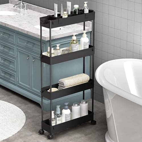 SPACELEAD Slim Storage Cart 4 Tier,Bathroom Organizer Rolling Utility,Mobile Shelving Unit Slide Out for Office, Kitchen, Laundry Room & Narrow Places,Black - Image 1