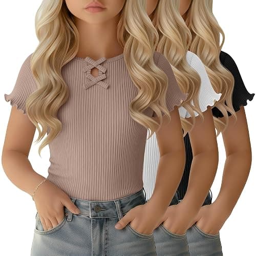 LessonZoo 3 Pack Girls Shirts Cotton Short Sleeve Summer Ribbed Top with Bow Teen Kids Lettuce Trim Cute Basic Tee 5-14 Years - Image 1