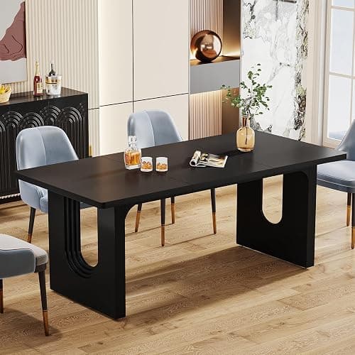 Tribesigns Modern Dining Table for 6 to 8 People, 71" Large Kitchen Dining Table with Wood Pedestal Base, Rectangular Long Dinner Table for Kitchen, Dining Room, Living Room, Black - Image 1